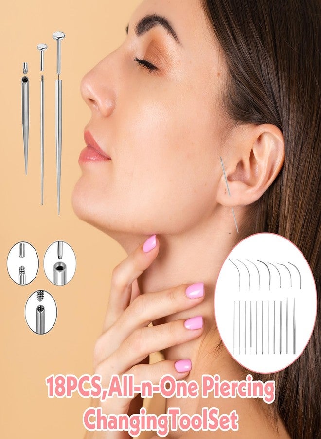 Josojoou 18PCS Stainless Steel Piercings Taper, 14G/16G/18G/20G Ear Piercing Needle, Piercing Taper Insertion Tool for Nose Studs, Lip Rings, Earrings (Curved, Straight Needle Silver) - Image 4
